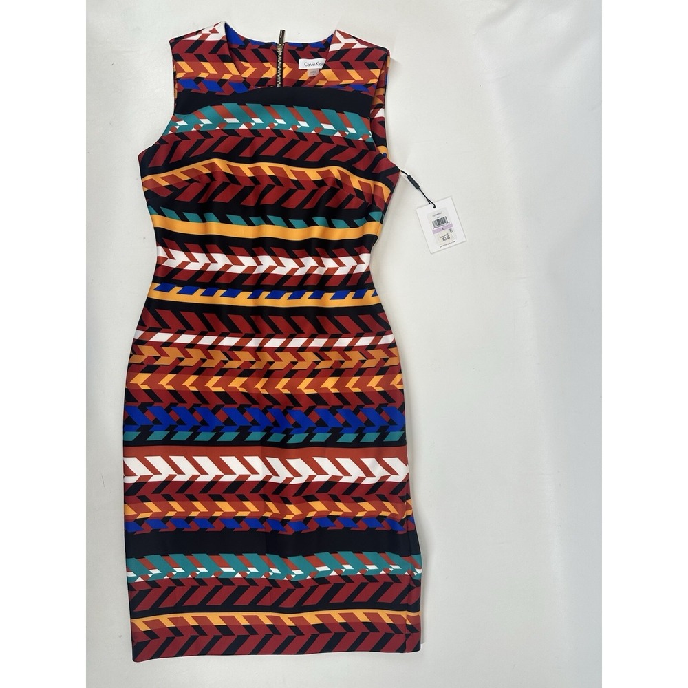 Calvin Klein Bodycon Dress Womens 6 Multicolor Geometric Sleeveless Casual NEW